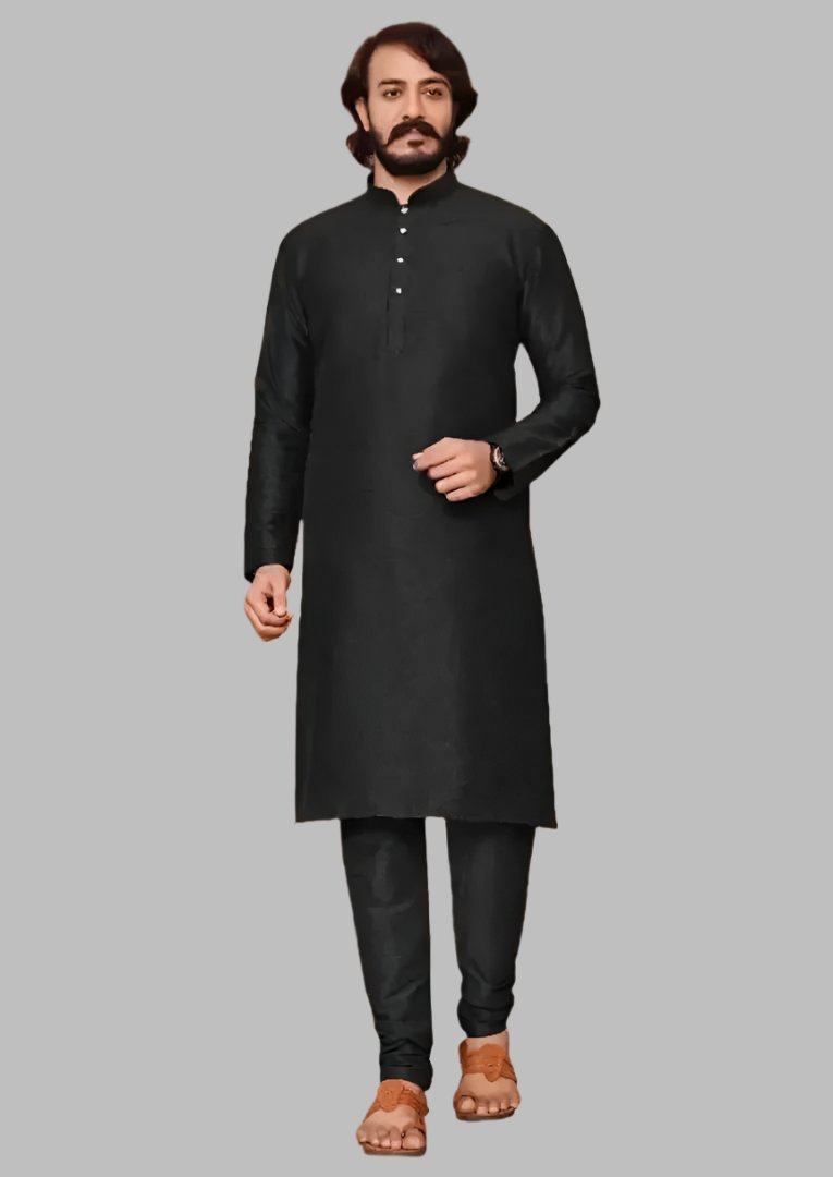 Elegant Black Cotton Solid Cotton Kurta Pyjama Set for Men
Size: S, M, L , XL, XXL, XXXL
 Color:  Black
 Fabric:  Cotton
 Type:  Kurta Sets
 Style:  Solid
 Design Type:  Kurta & Bottom Sets
Indulge in comfort and style with our Elegant Black Cotton Kurta Pyjama Set for Men. Made with high quality cotton, this set offers a soft and breathable fabric that ensures maximum comfort. The solid black design adds a touch of elegance, making it suitable for an